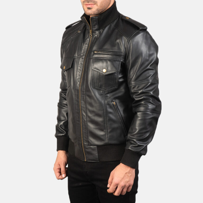 Mens Agent Shadow Black Leather Bomber Jacket7775-3-1577524431240